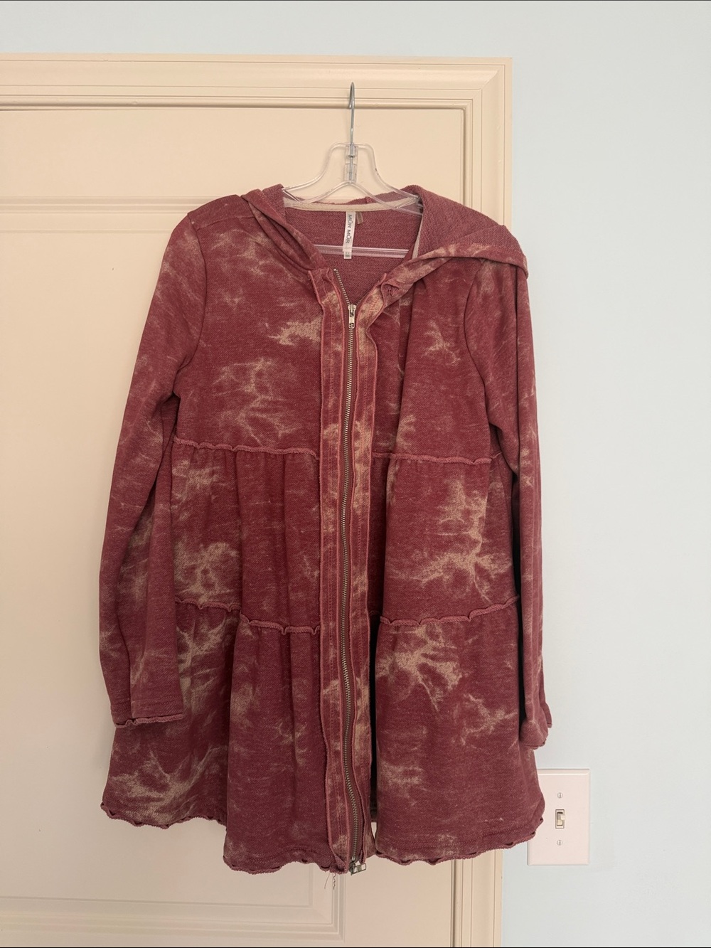 Waffle Knit Tie-Dye Zip Hoodie Jacket - Mauve Pink